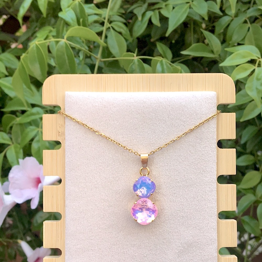 Pink + Periwinkle Purple Blue Opal Aurora Borealis + Gold Drop Pendant Necklace - Picture 7 of 12